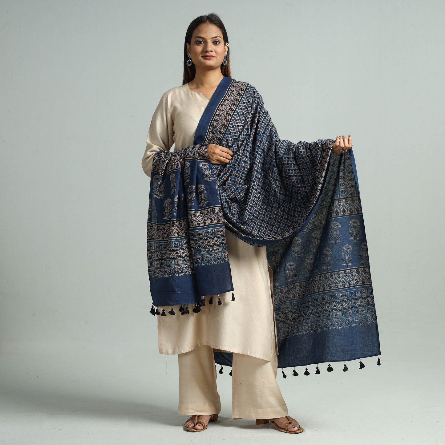 Blue - Ajrakh Hand Block Printed Cotton Dupatta with Tassels 90