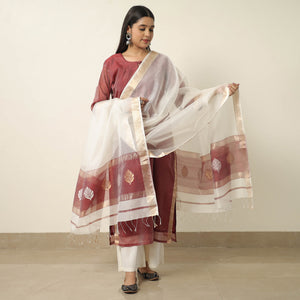 Maroon - Traditional Maheshwari Silk Handloom Kurta with Dupatta Set 02