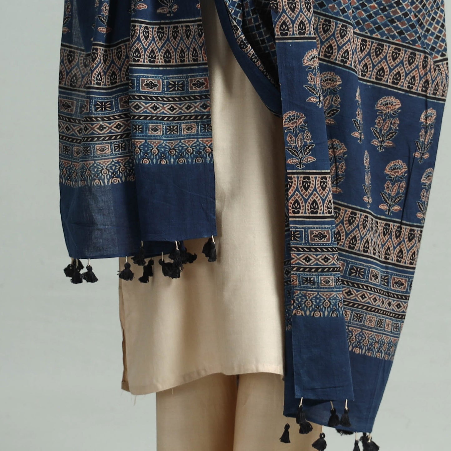 Blue - Ajrakh Hand Block Printed Cotton Dupatta with Tassels 90