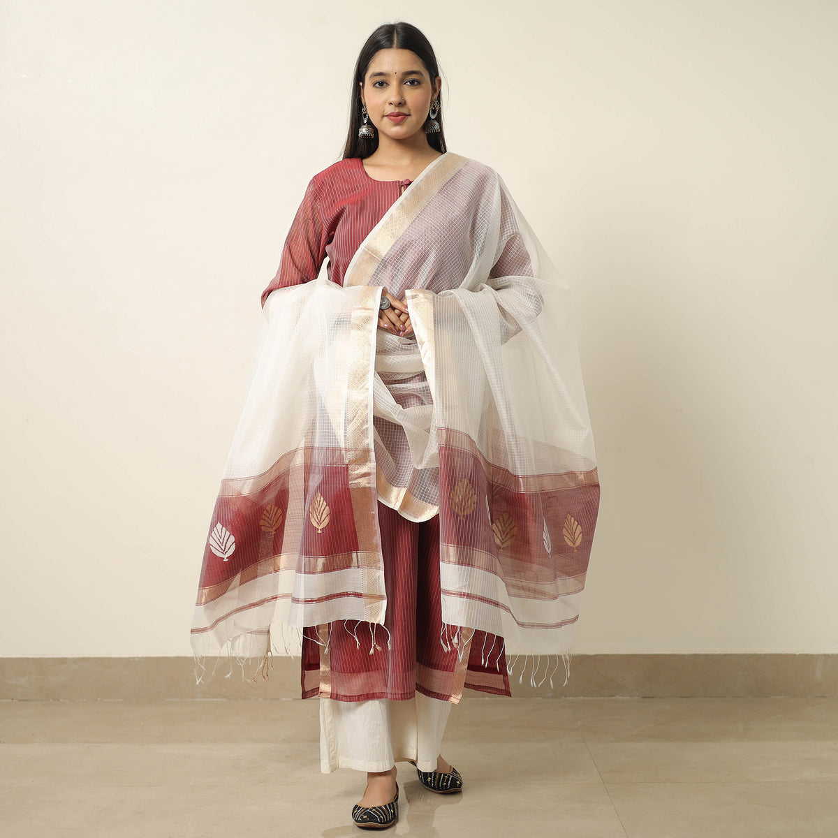 Maroon - Traditional Maheshwari Silk Handloom Kurta with Dupatta Set 02