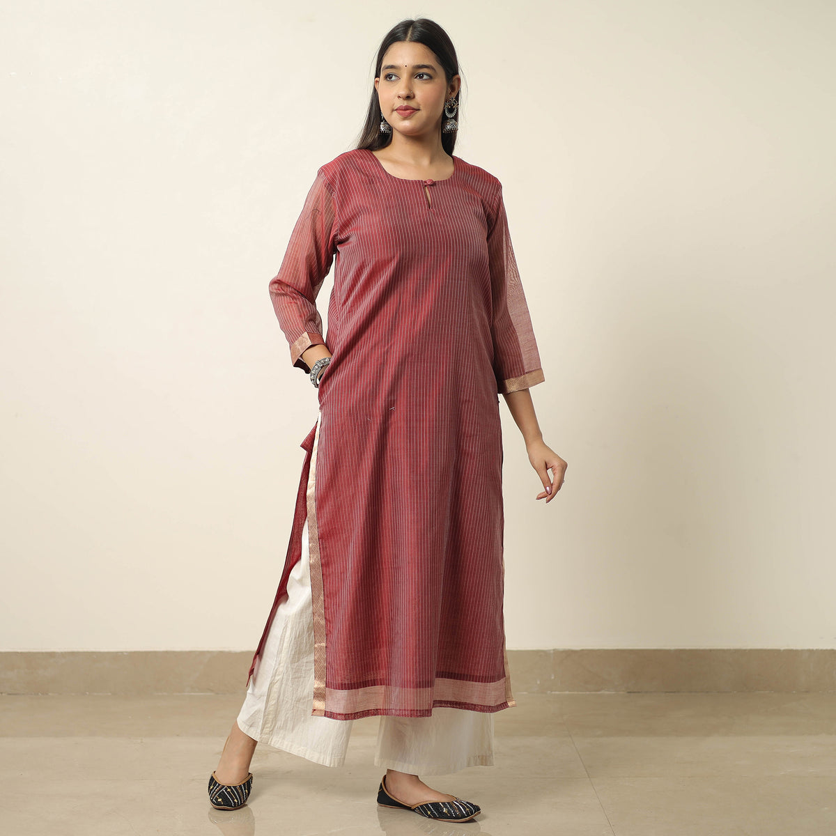 Maroon - Traditional Maheshwari Silk Handloom Kurta with Dupatta Set 02