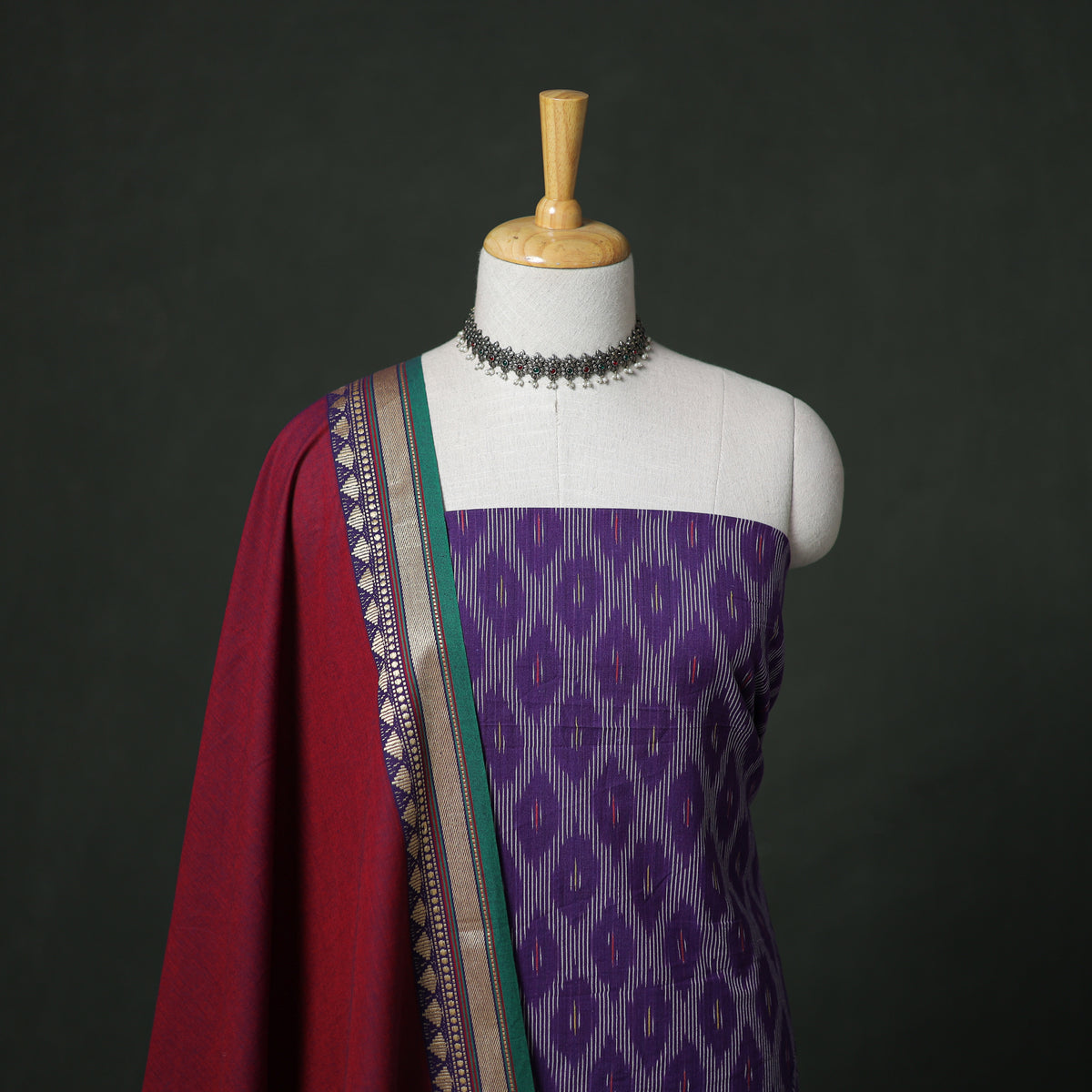 Pochampally Ikat Cotton Unstitched Dress Material: Kurta with Dupatta 07