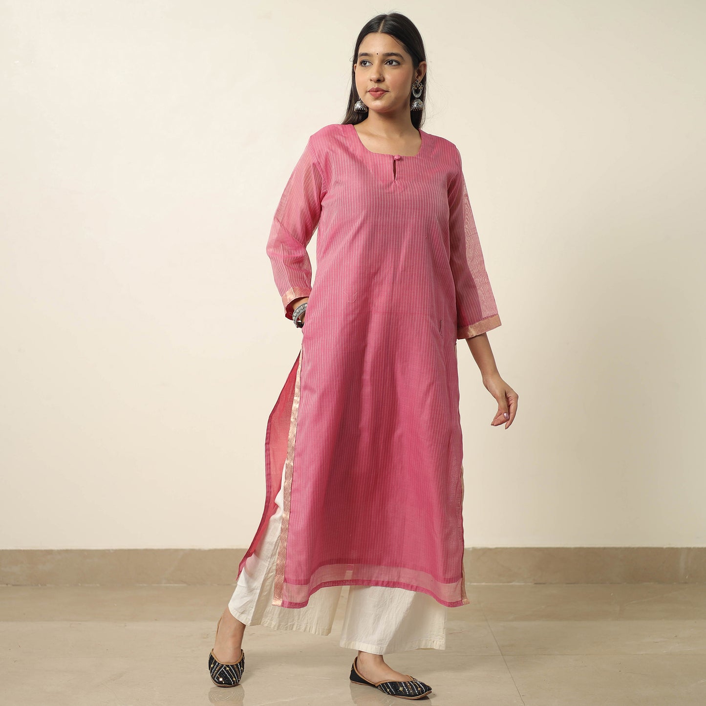 Pink - Traditional Maheshwari Silk Handloom Kurta with Dupatta Set 03