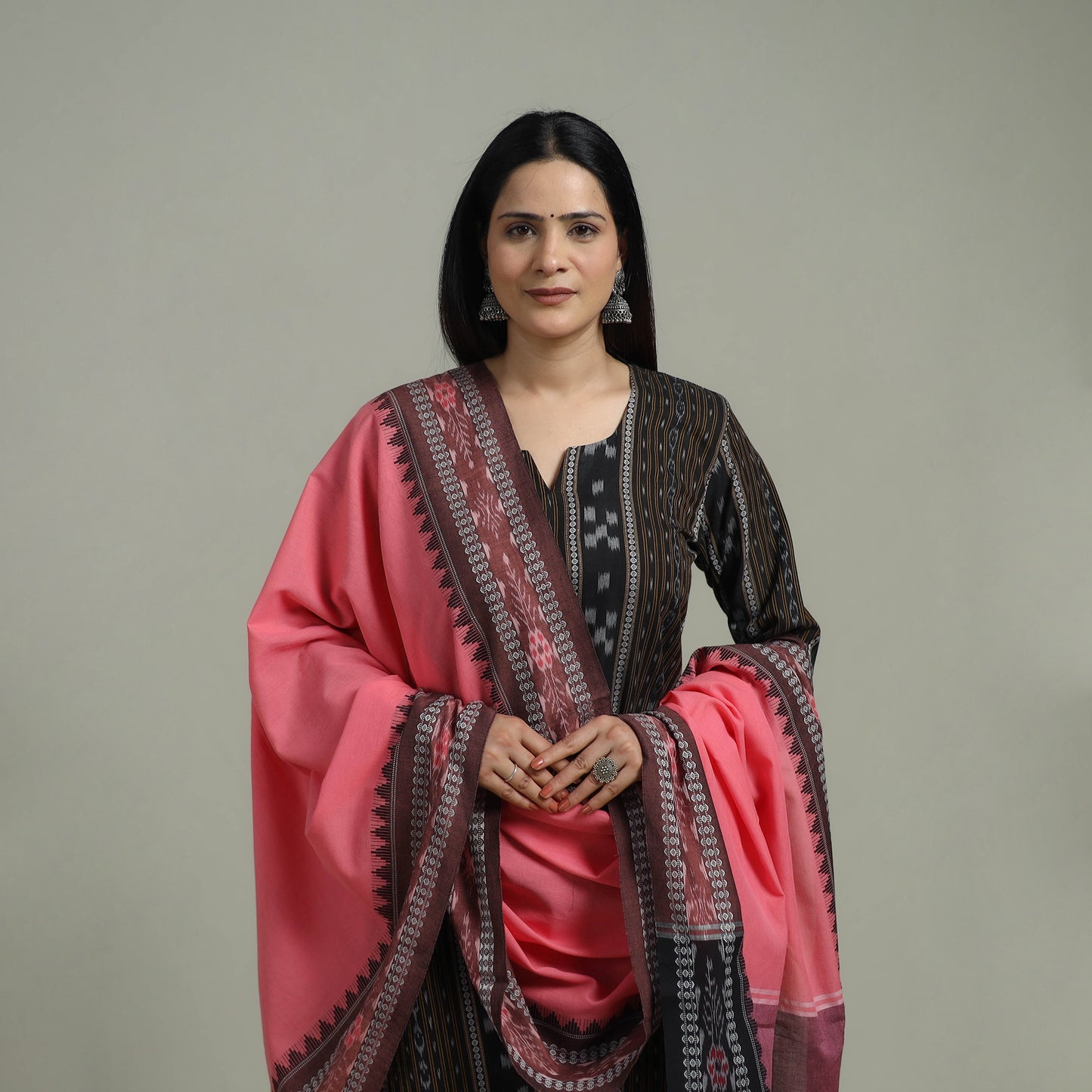 Black - Sambalpuri Ikat Pure Cotton Suit Set with Dupatta for women 10