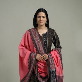 Black - Sambalpuri Ikat Pure Cotton Suit Set with Dupatta for women 10
