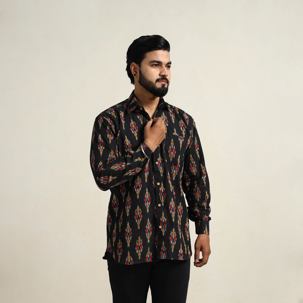 Black - Men Cotton Pochampally Ikat Shirt 09