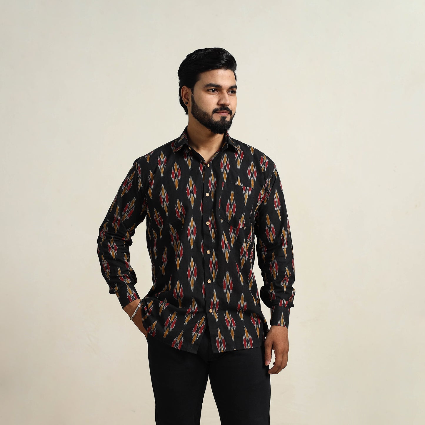 Black - Men Cotton Pochampally Ikat Shirt 09