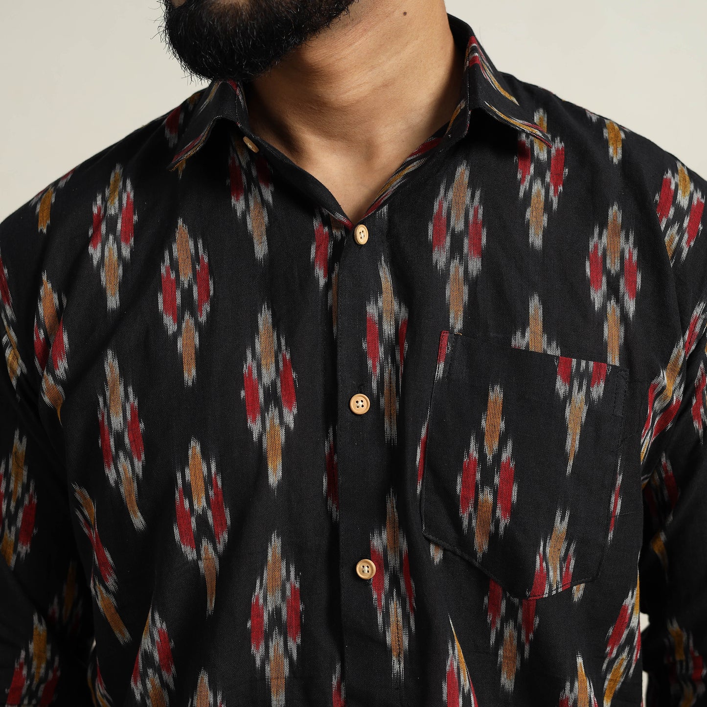 Black - Men Cotton Pochampally Ikat Shirt 09