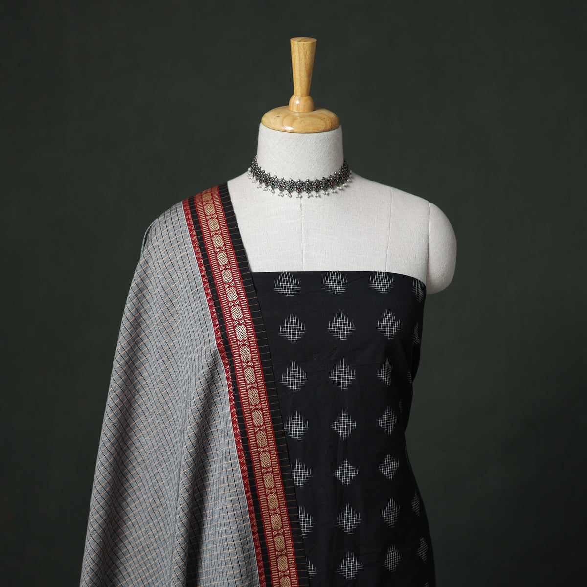 Pochampally Ikat Cotton Unstitched Dress Material: Kurta with Dupatta 11