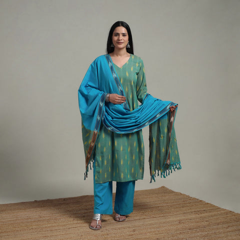 Pochampally Ikat Cotton Suit Set with Dupatta for women 10