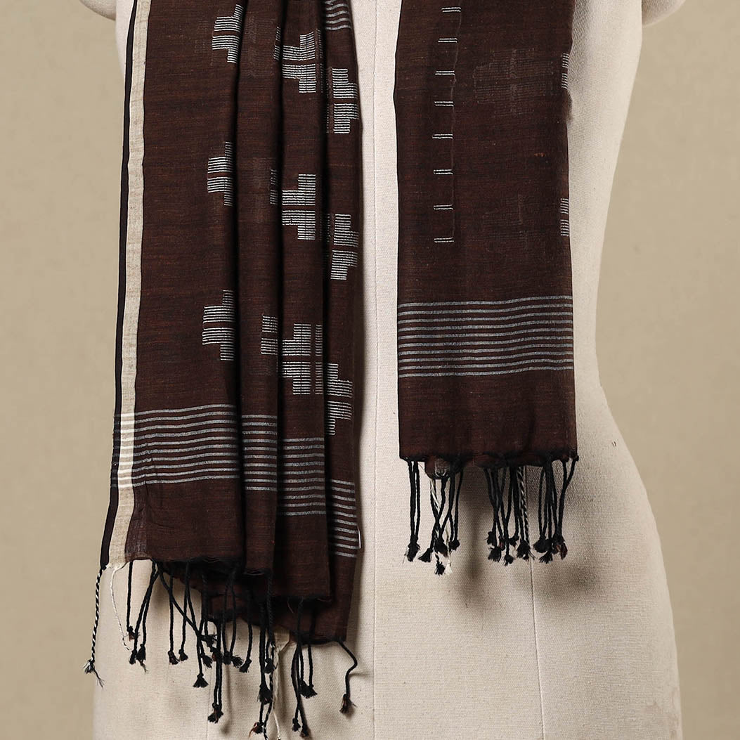 Brown - handloom cotton phulia jamdani stole with tassels