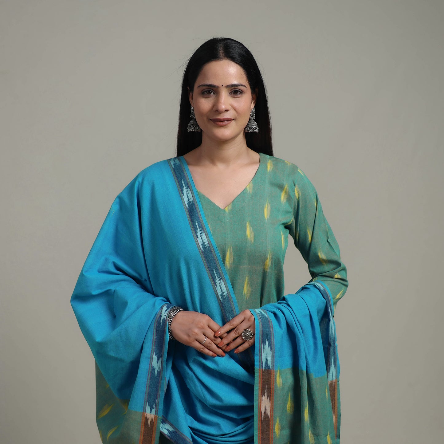 Pochampally Ikat Cotton Suit Set with Dupatta for women 10