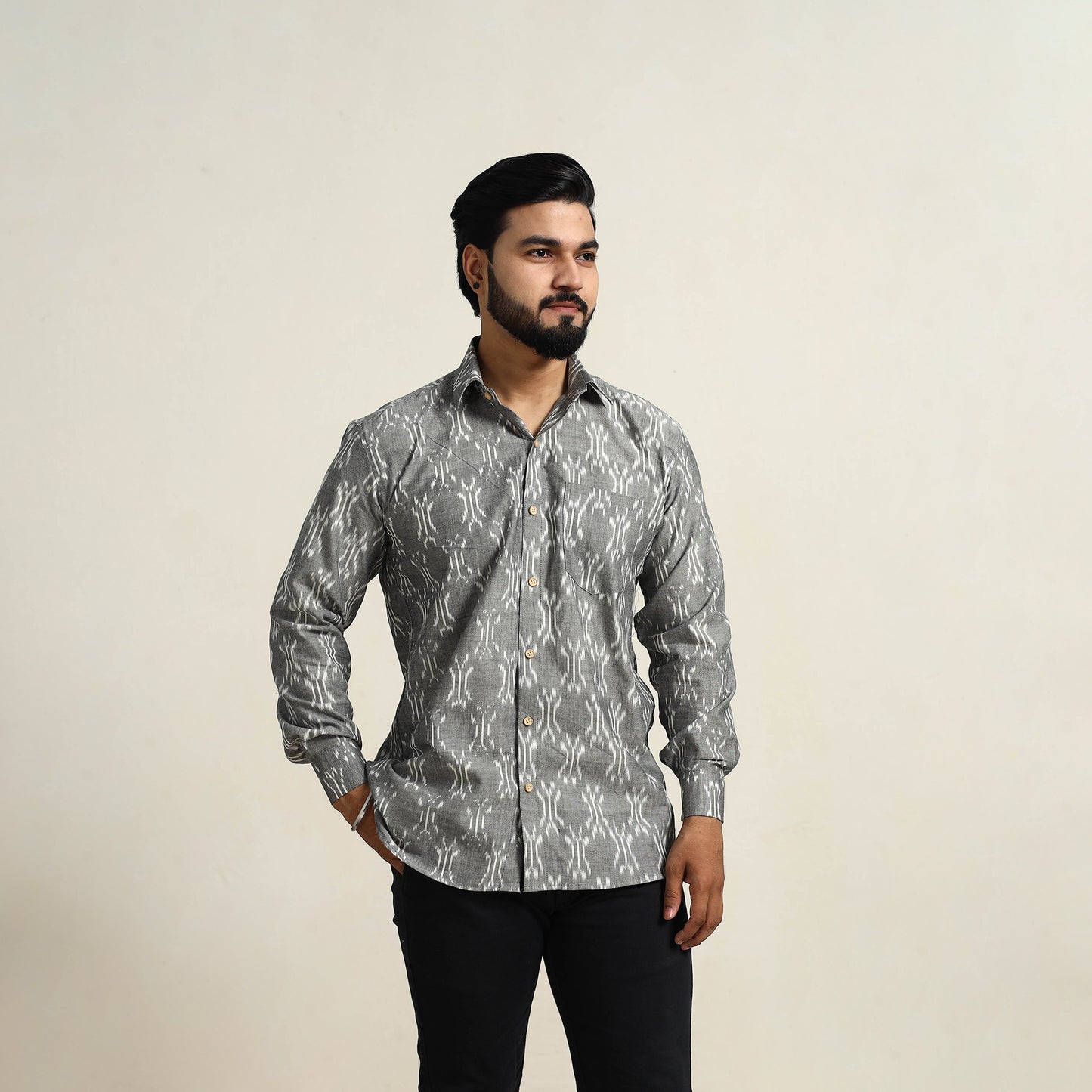 Grey - Men Cotton Pochampally Ikat Shirt 08