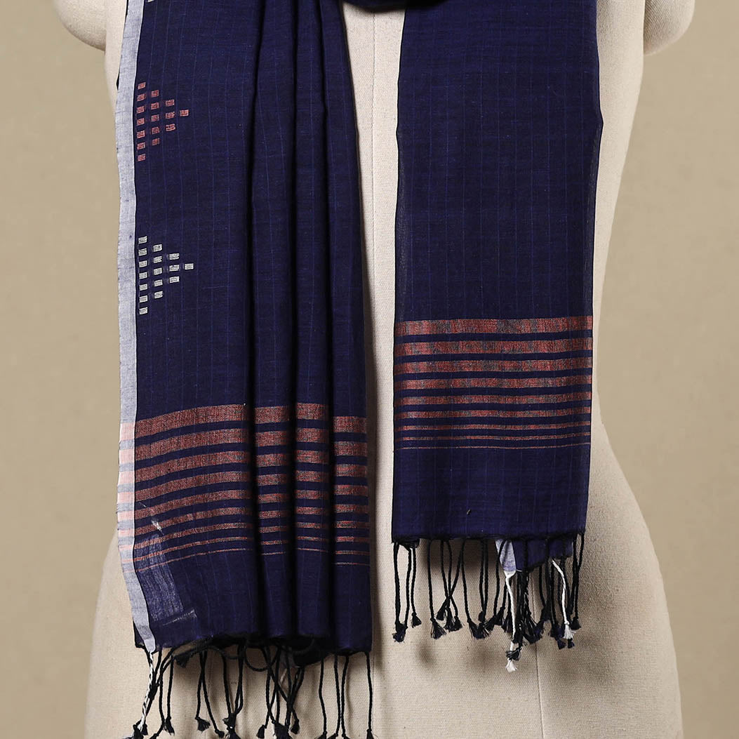 Blue - handloom cotton phulia jamdani stole with tassels 19