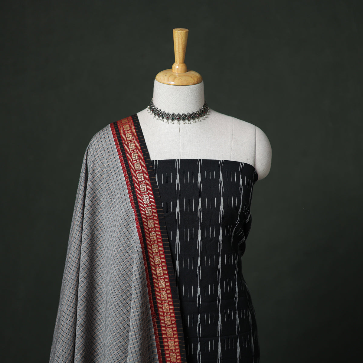 Pochampally Ikat Cotton Unstitched Dress Material: Kurta with Dupatta 12