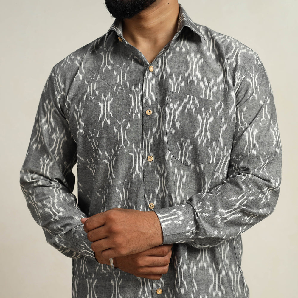 Grey - Men Cotton Pochampally Ikat Shirt 08