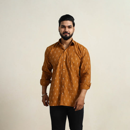 Brown - Men Cotton Pochampally Ikat Shirt 07