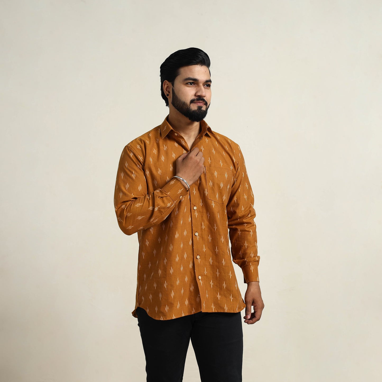 Brown - Men Cotton Pochampally Ikat Shirt 07