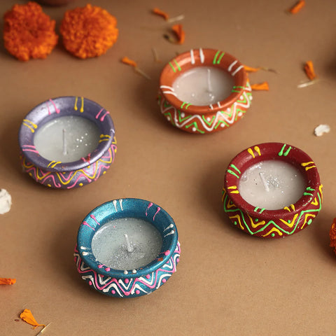 Festive Decor Handpainted Terracotta Wax Filled Matki Diyas