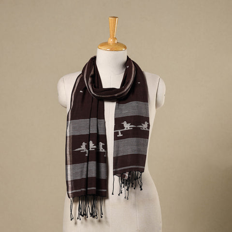 Brown - handloom cotton phulia jamdani stole with tassels