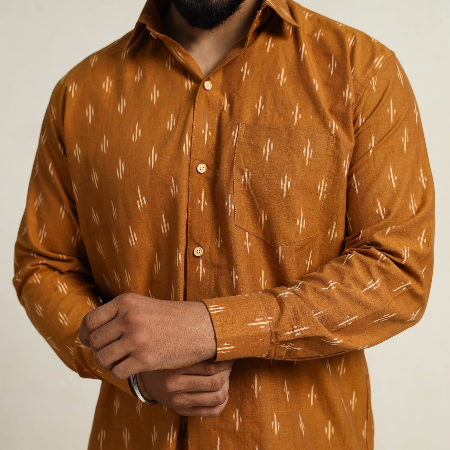 Brown - Men Cotton Pochampally Ikat Shirt 07