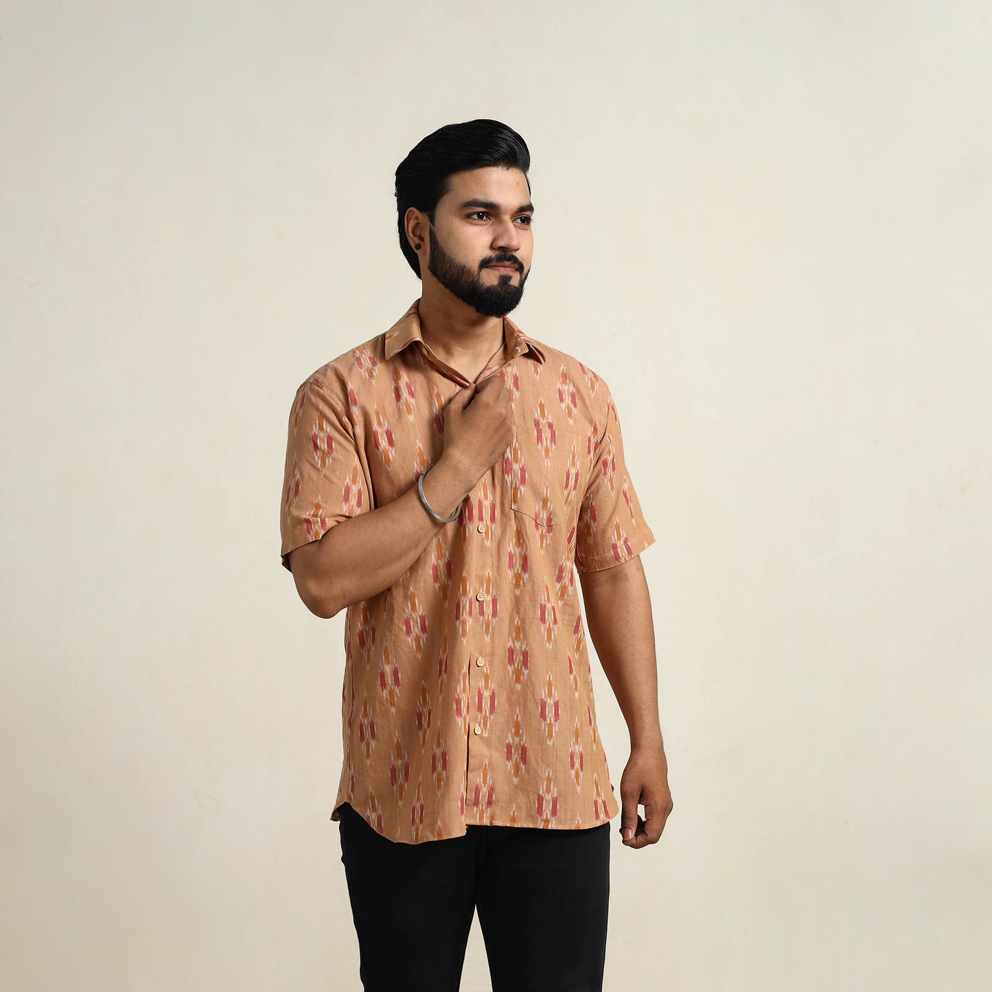 Brown - Men Cotton Pochampally Ikat Shirt 03