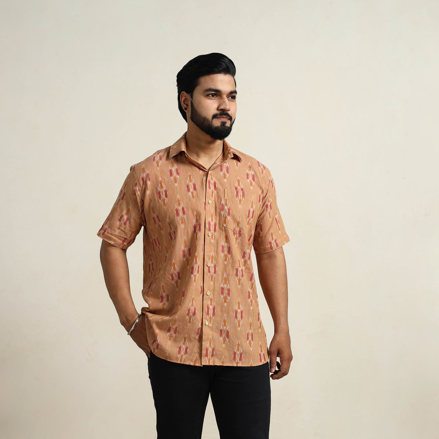 Brown - Men Cotton Pochampally Ikat Shirt 03