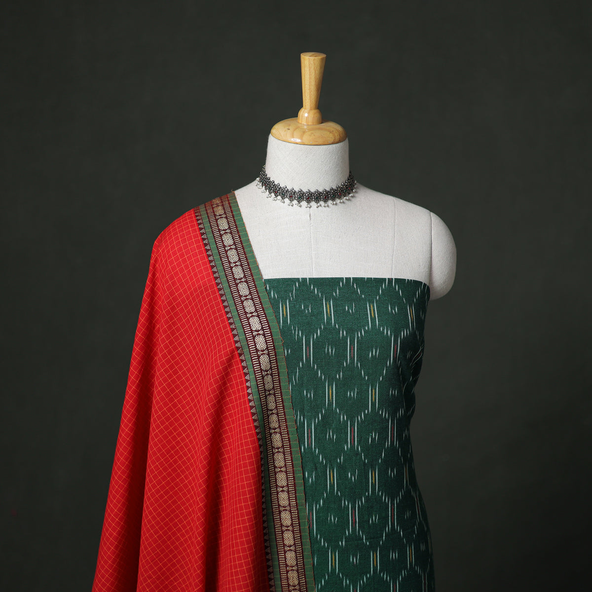 Pochampally Ikat Cotton Unstitched Dress Material: Kurta with Dupatta 15
