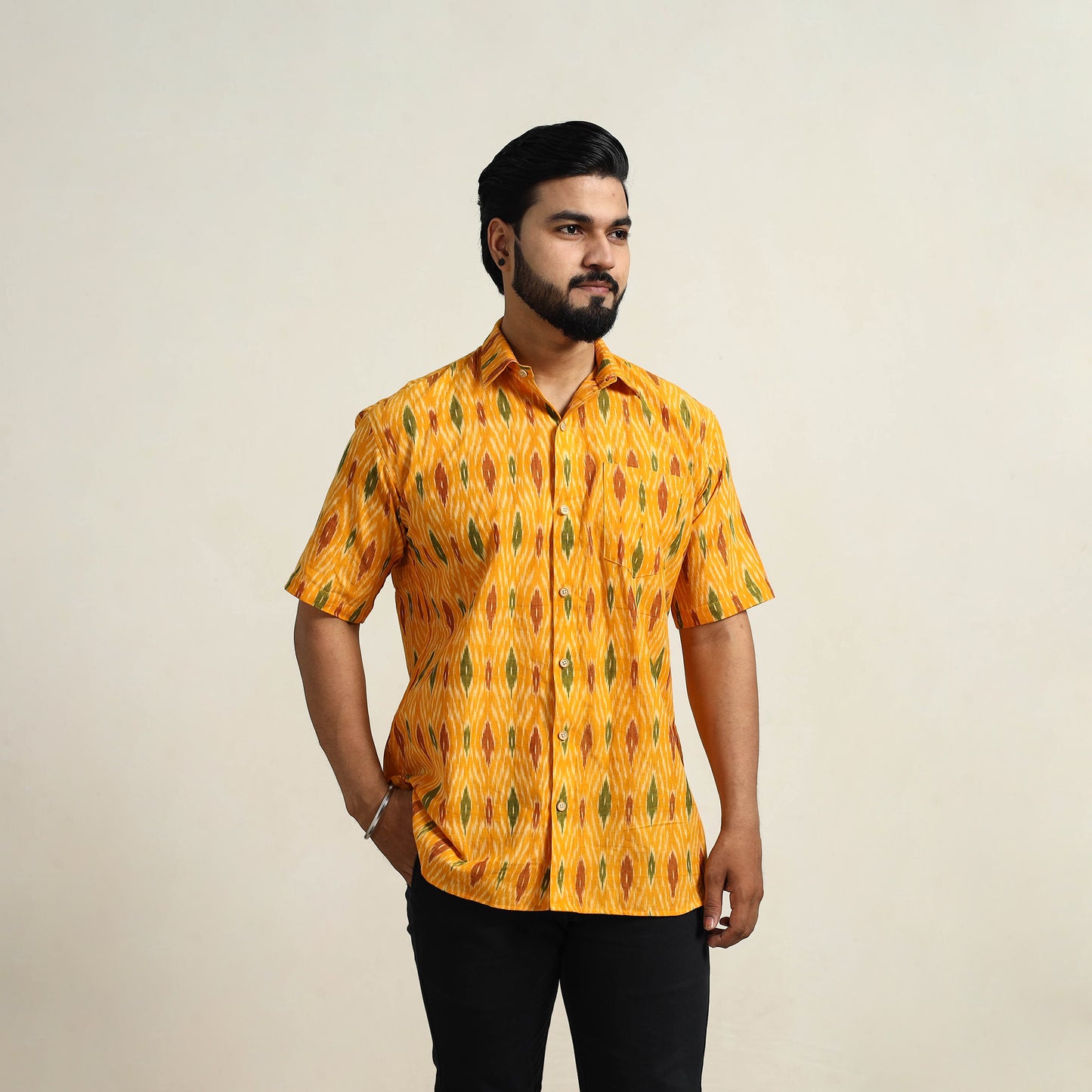 Yellow - Men Cotton Pochampally Ikat Shirt 04