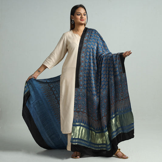 Blue - Ajrakh Hand Block Printed Modal Silk Dupatta with Zari Border 110