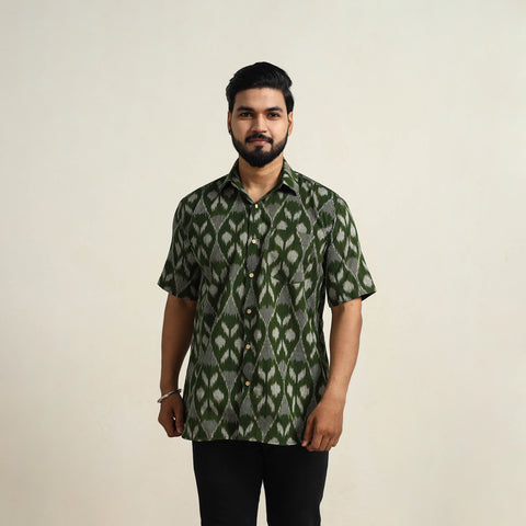 Green - Men Cotton Central Asian Pochampally Ikat Shirt 02