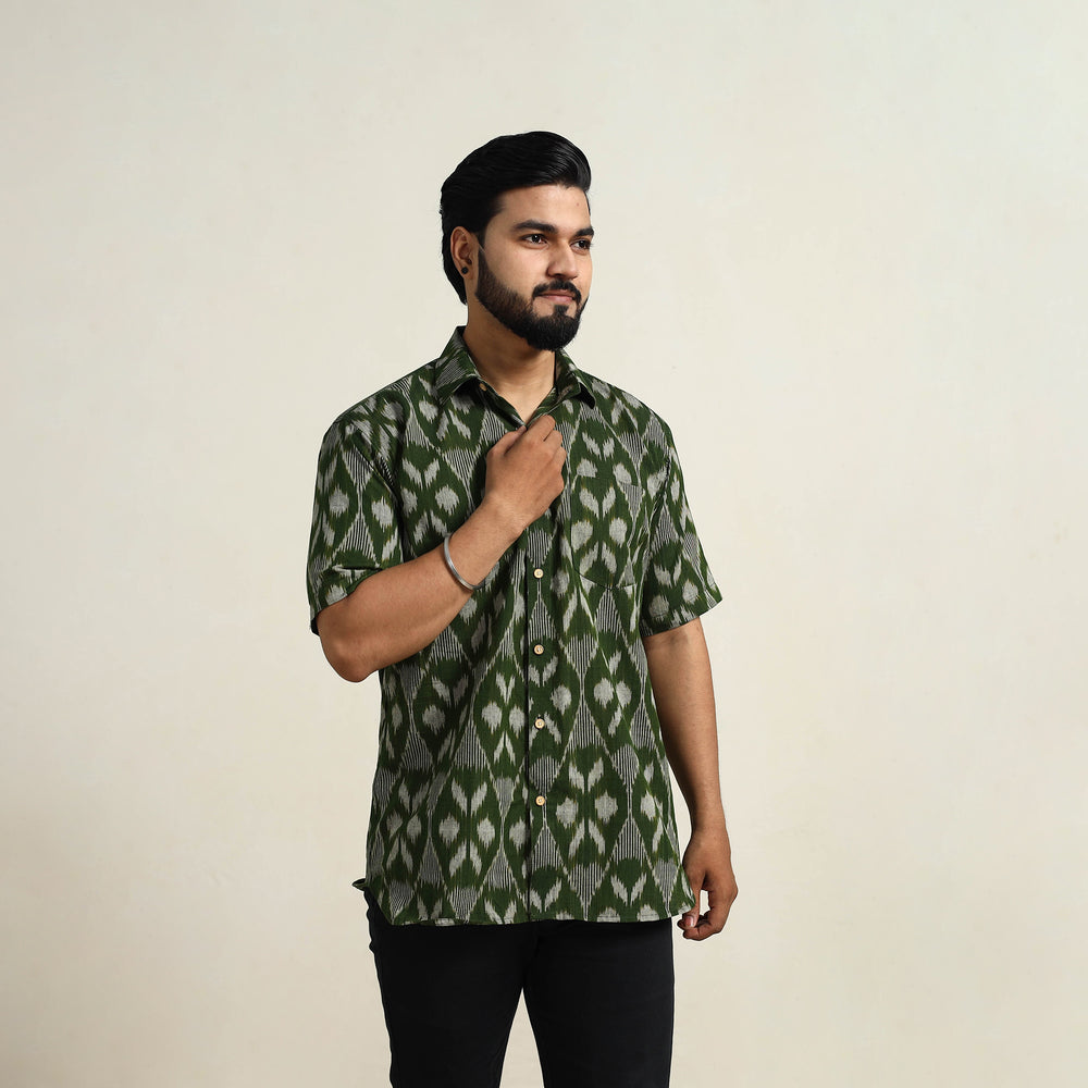 Green - Men Cotton Central Asian Pochampally Ikat Shirt 02