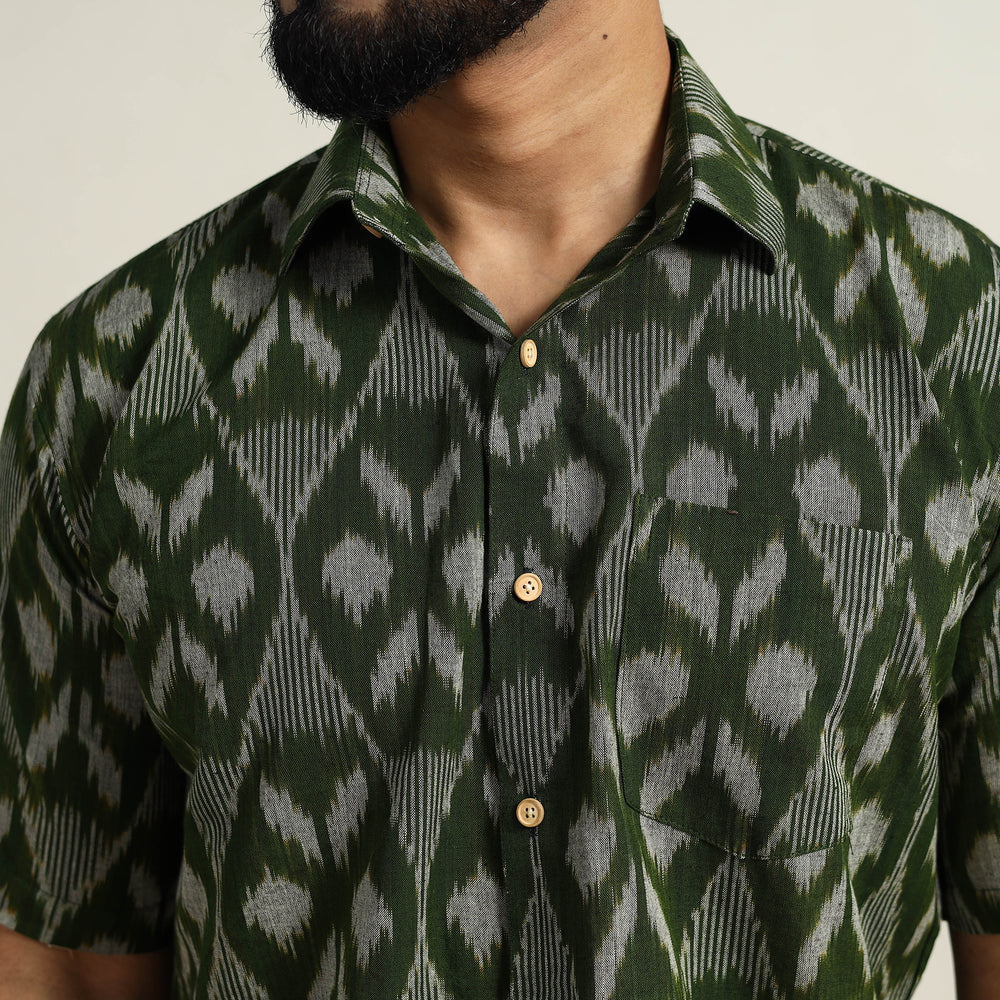 Green - Men Cotton Central Asian Pochampally Ikat Shirt 02