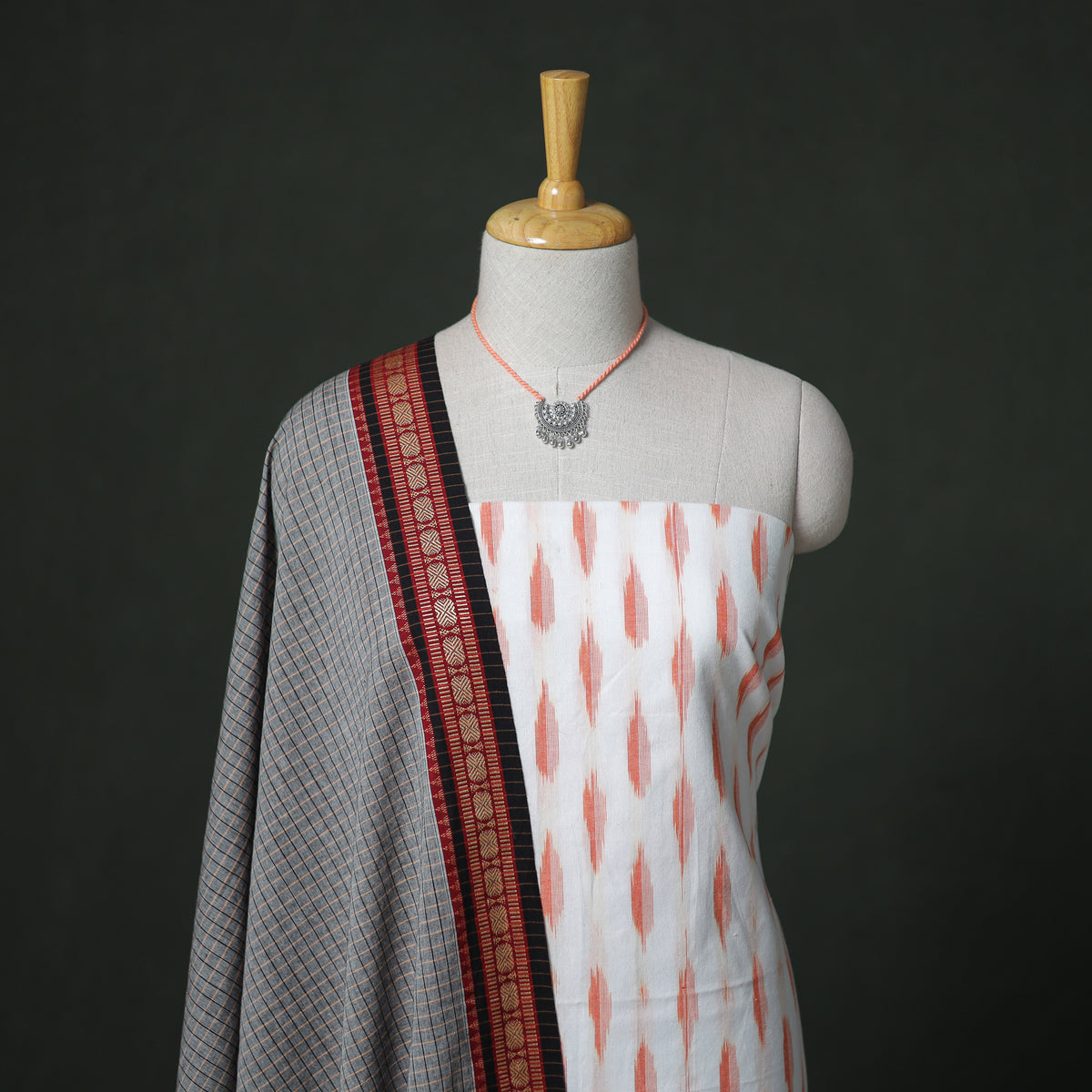 Pochampally Ikat Cotton Unstitched Dress Material: Kurta & Dupatta with Jewellery 17