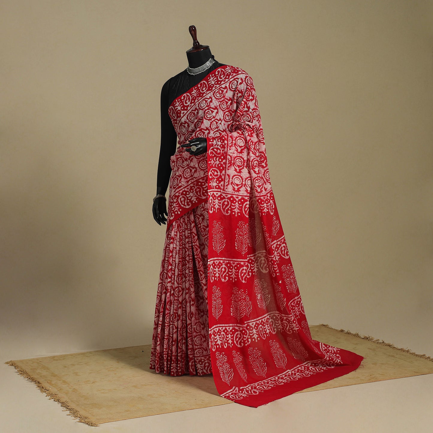 Red - mul cotton hand batik saree 37 - handcrafted