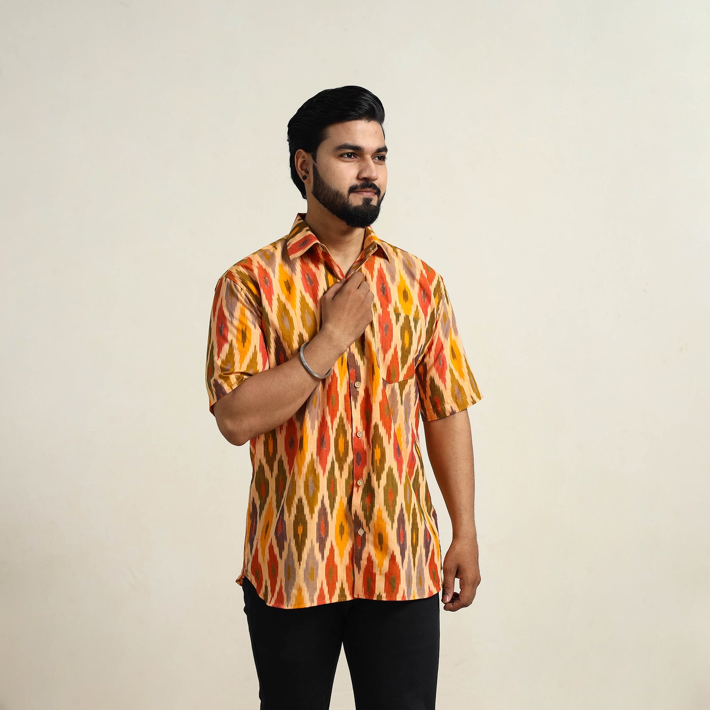 Multicolor - Men Cotton Central Asian Pochampally Ikat Shirt 05