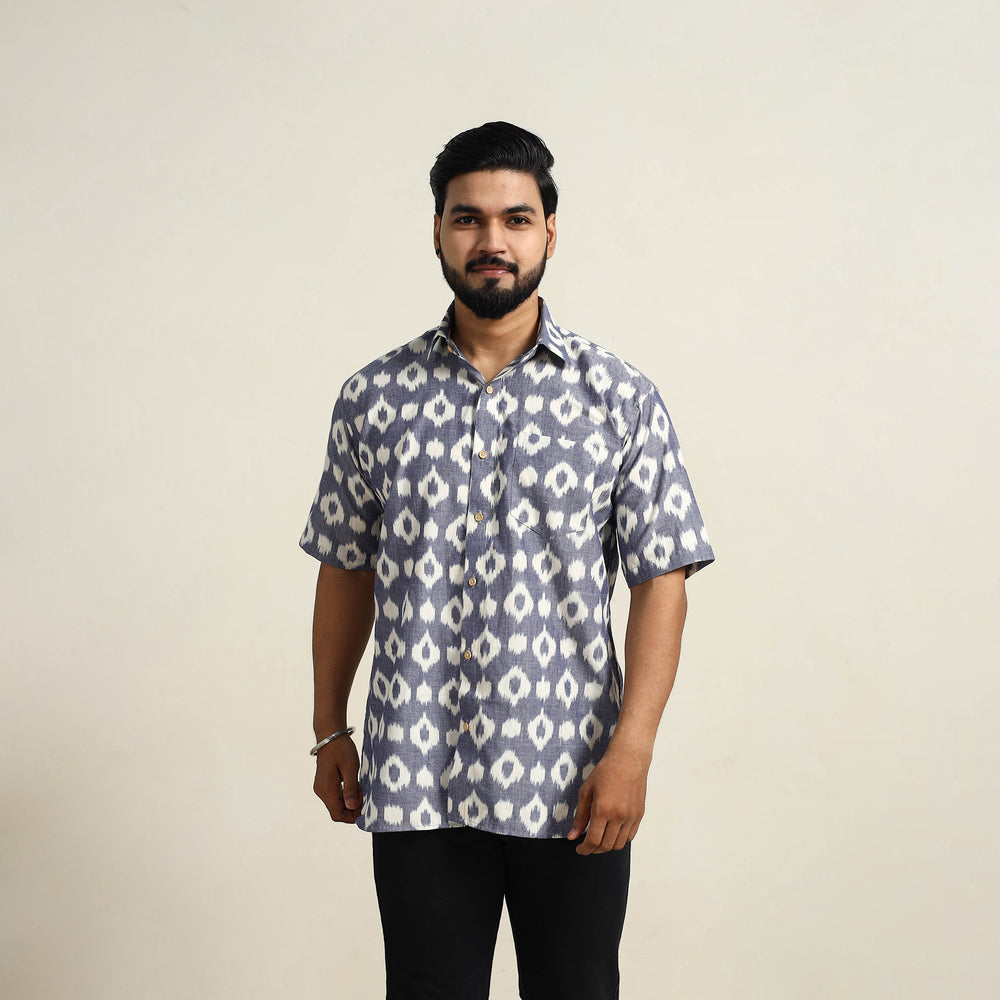 Grey - Men Cotton Central Asian Pochampally Ikat Shirt 01