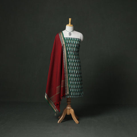 Pochampally ikat cotton unstitched dress material: kurta & dupatta with jewellery