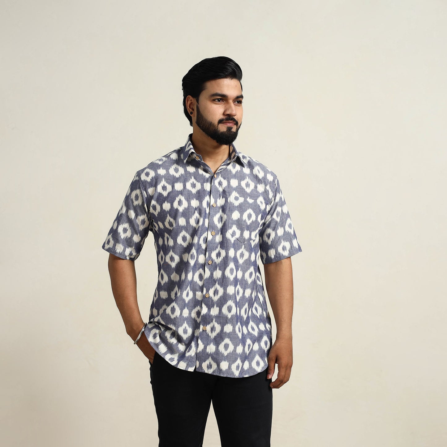 Grey - Men Cotton Central Asian Pochampally Ikat Shirt 01