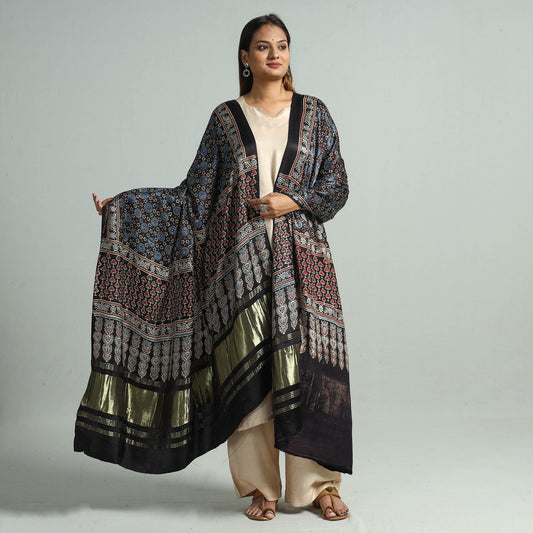 Black - Ajrakh Hand Block Printed Modal Silk Dupatta with Zari Border 115