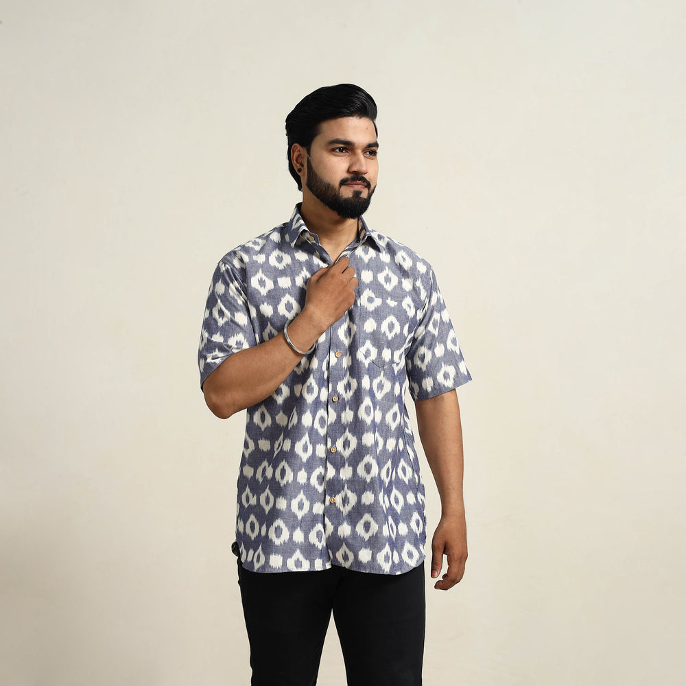 Grey - Men Cotton Central Asian Pochampally Ikat Shirt 01