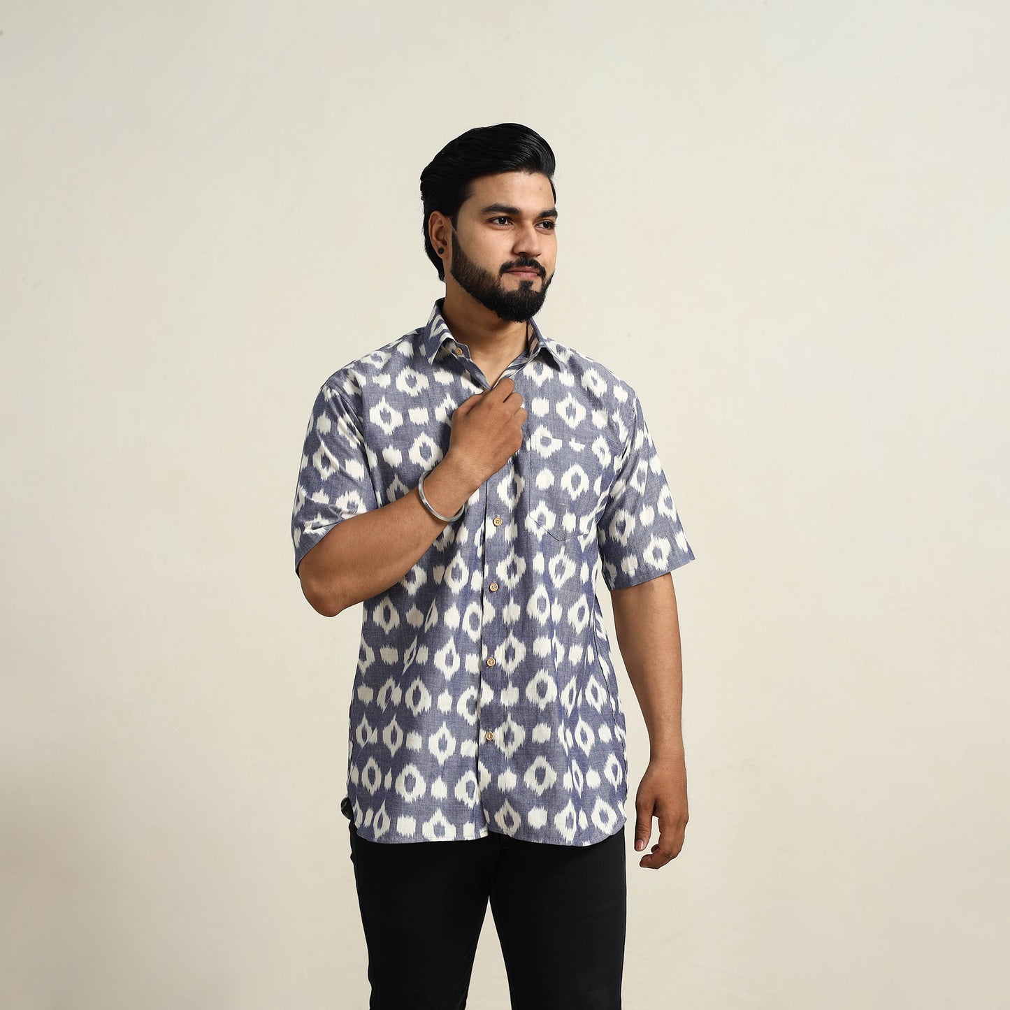 Grey - Men Cotton Central Asian Pochampally Ikat Shirt 01