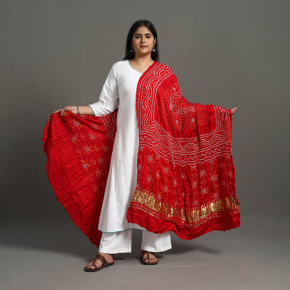 Red - Kutch Tie-Dye Chandrokhani Gajji Silk Bandhani Dupatta 130