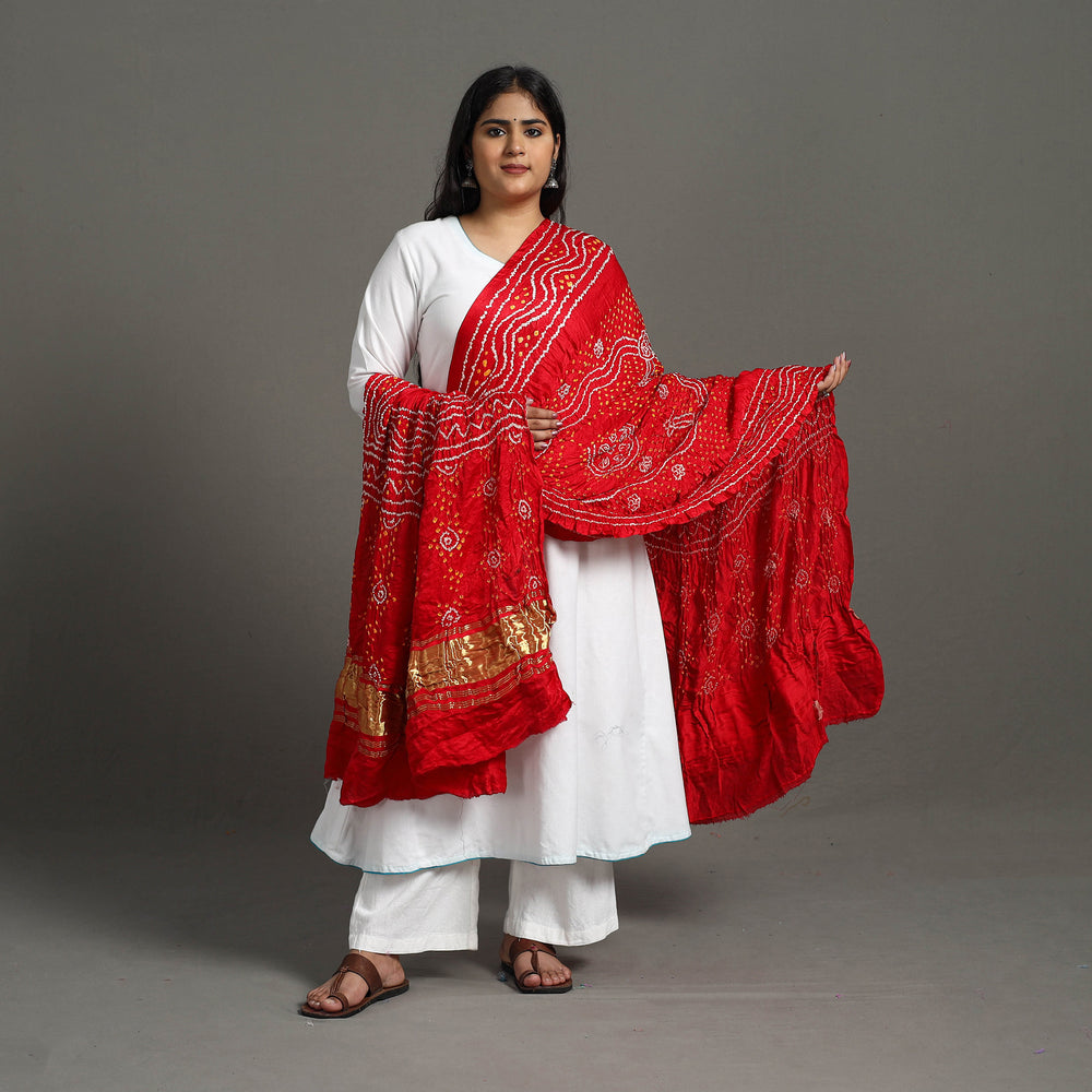 Red - Kutch Tie-Dye Chandrokhani Gajji Silk Bandhani Dupatta 130