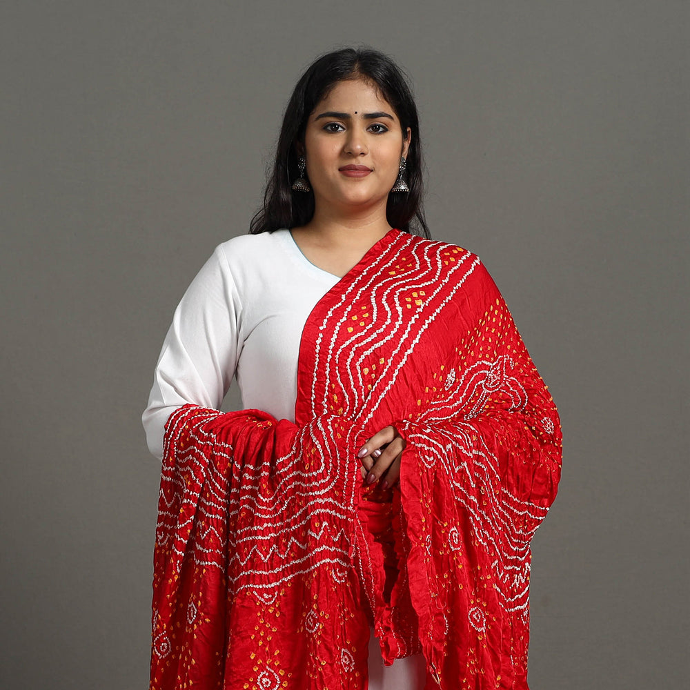 Red - Kutch Tie-Dye Chandrokhani Gajji Silk Bandhani Dupatta 130