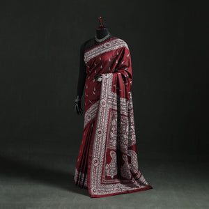 Maroon - Bengal Kantha Hand Embroidered Pure Silk Saree 01