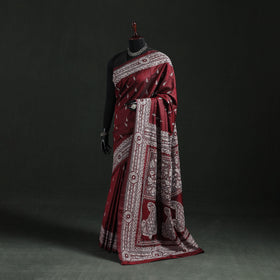 Maroon - Bengal Kantha Hand Embroidered Pure Silk Saree 01