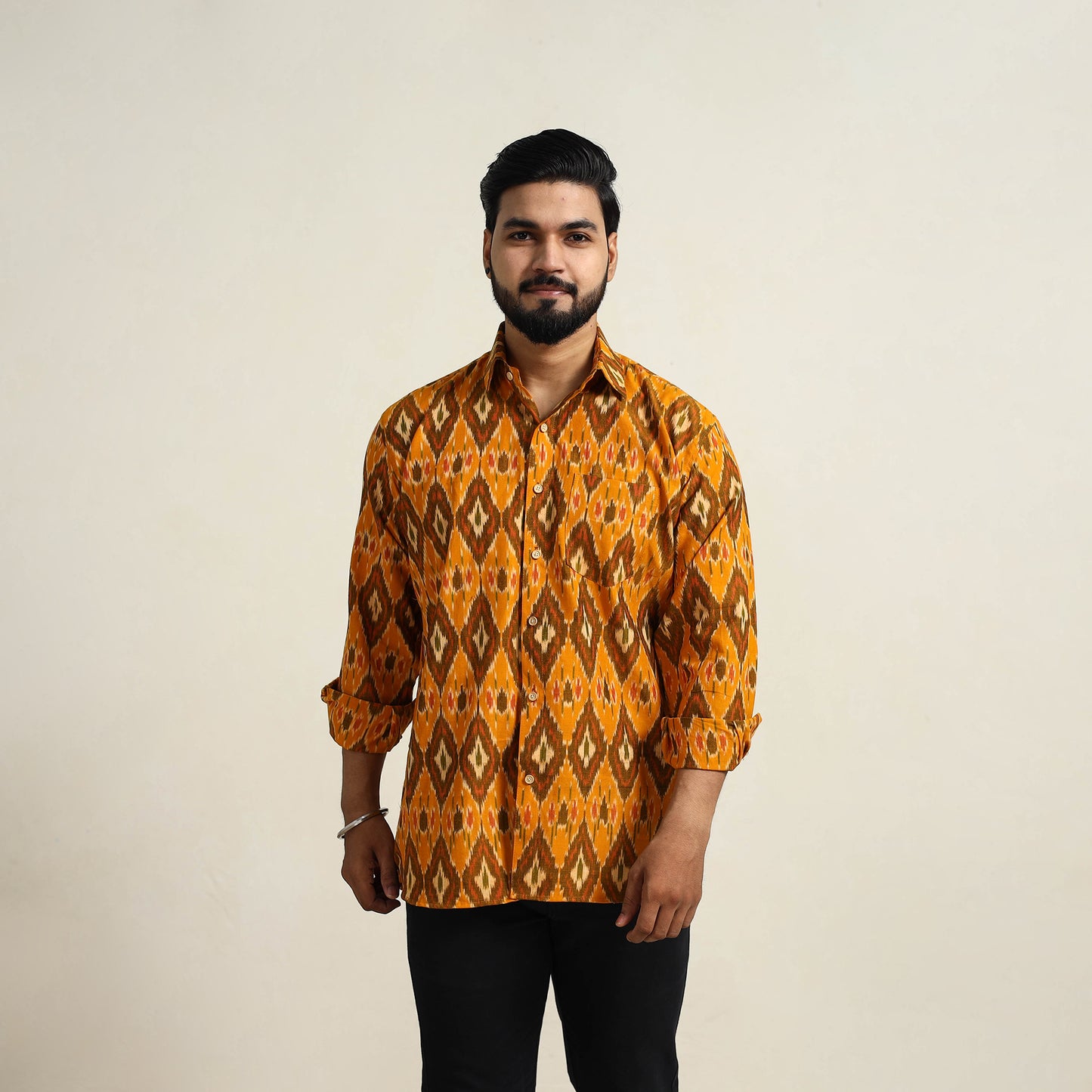 Orange - Men Cotton Pochampally Ikat Shirt 06