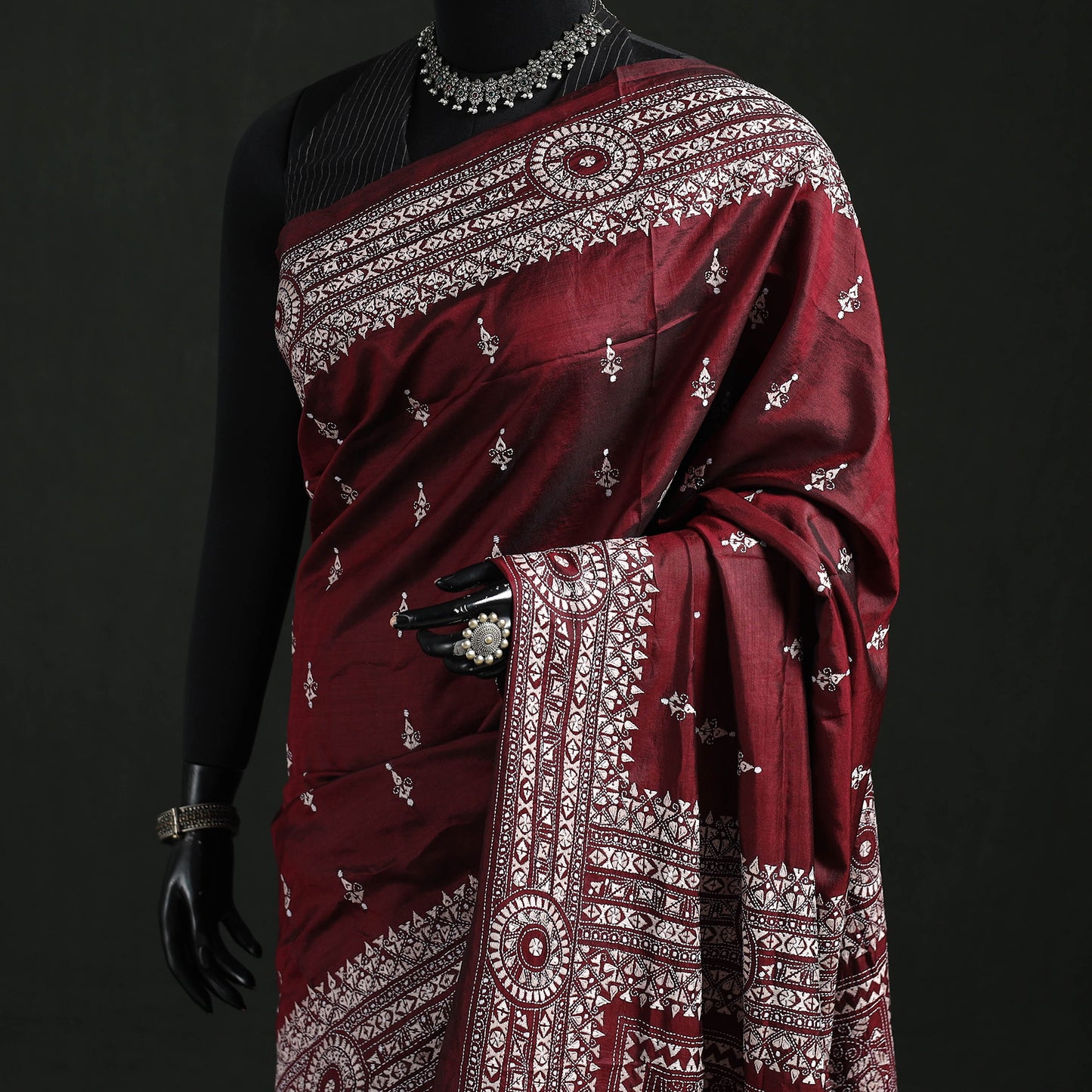Maroon - Bengal Kantha Hand Embroidered Pure Silk Saree 01