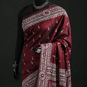 Maroon - Bengal Kantha Hand Embroidered Pure Silk Saree 01